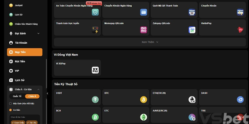 Hệ thống nạp tiền tối ưu tại VSBet