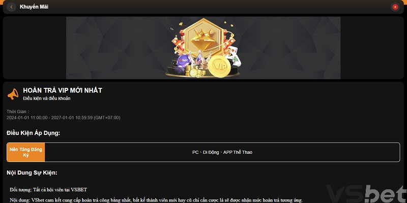 Khuyến mãi hoàn trả VIP không giới hạn VSBET